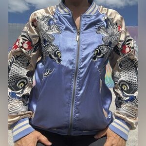 Bomber Jacket SUKAJAN Japanese Pattern Embroidery REVERSIBLE Blue Koi Vintage S